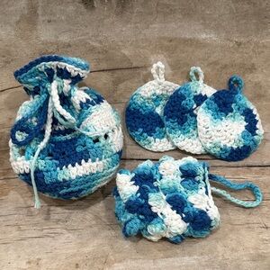 Handmade Cotton Crochet Bath Set - Drawstring Bag + Face pads + Soap pouch